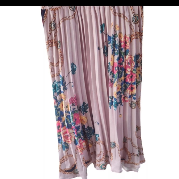 Dalia Macphee Pink Floral Lace Chains Pleated Midi Dress Size M New - Picture 3 of 9